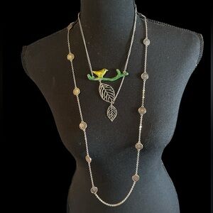Elegant Silver Necklaces | One with Green and Yellow Bird Pendant | One Silver.